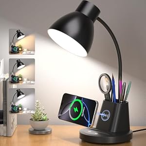 10W Wireless Charging LED Desk Lamp with Pen Holder, CRI 95, Black