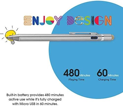 2-in-1 Active Stylus Digital Pen with 1.5mm Ultra Fine Tip for iPad iPhone Samsung Tablets, Work on Touchscreen Phones and Tablets,Good at Drawing and Writing, Grey