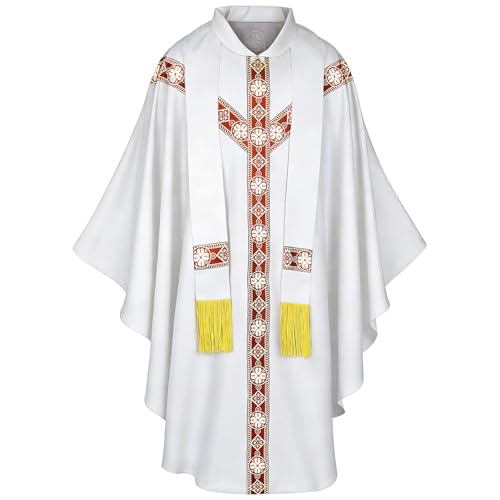 Alvivi Chasuble Mass Round Collar Robe for Men Church Vestments Ceremonial Wrap Catholic Vestment Priest Clothing White One Size
