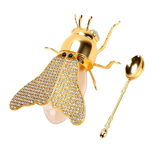 GOWENIC Tarro Dispensador de Miel en Forma de Abeja con Cuchara Inoxidable para Hornear y Desayunar en Cristal Elegante de 3,1x4,2x6,2 Pulgadas (Estilo de diamantes de imitación)