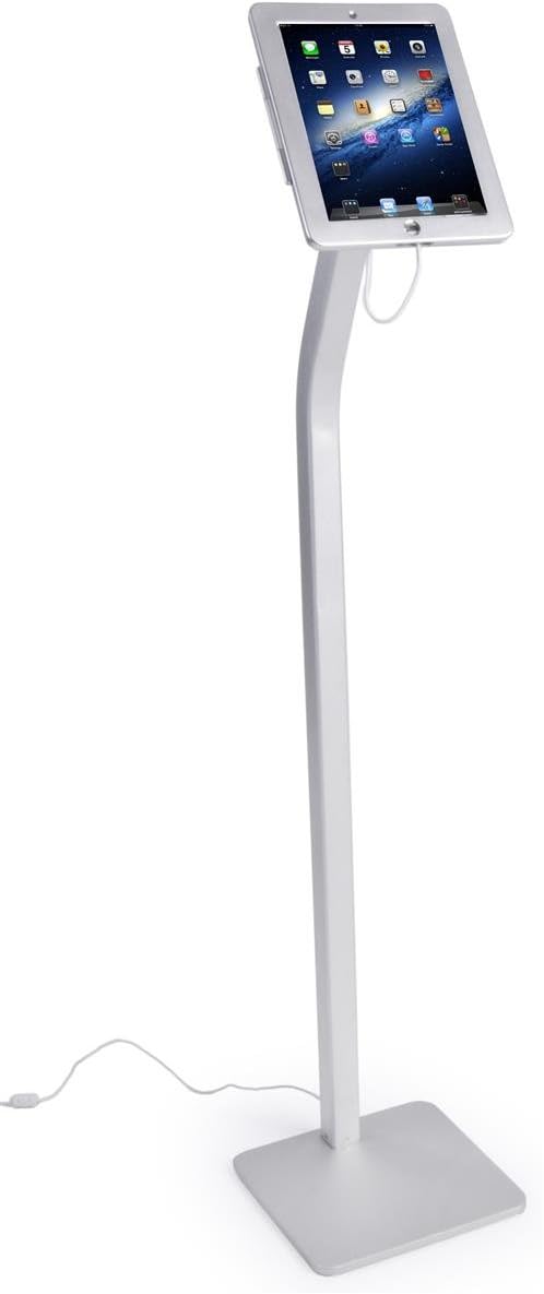 iPad Display Stand, 48" Tall, Locking Enclosure, Integrated Charging; Tilts and Rotates; Silver Aluminum, Weighted Base
