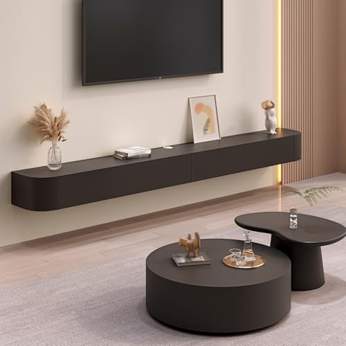 Meuble TV flottante en bois massif noir 140 cm avec tiroirs