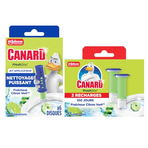 Canard WC - Recharges Fresh Disc Citron Vert – Bloc Sans Cage Nettoyant WC - Nettoyage Puissant Pendant 150 Jours – 1 Applicateur et 3 Recharges
