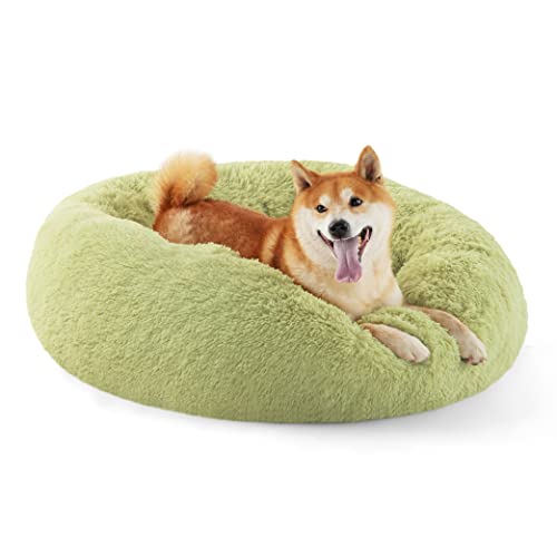Image of Bedsure Calming Dog Bed Medium Size Dog Donut Washable Pet Bed,30ins Green | Fluffy Faux Fur Round Cuddler,Machine Washable,Anti-Slip Bottom,Anti-Anxiety,Deep Sleeping for Pets Up to 45 Lbs