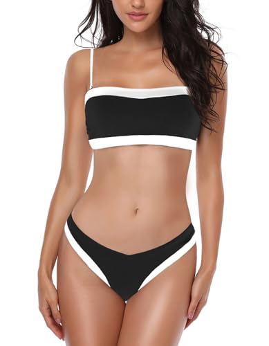 Leoparts Women's Colorblock Bikini Set Bandeau Spaghetti Strap High Cut Sexy Two Piece Swimsuit Bathing Suit