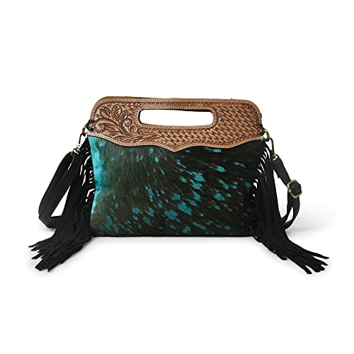 Genuine Leather Fringe Crossbody Bag - Handcrafted Western Tooled Leather Purse with Handle and Turquoise Design for Women