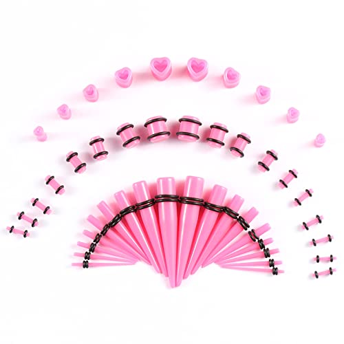 Memsion Ear Stretching Kit Gauges For Ears 46 Pcs 14G-00G Ear Gauges Expander Set Acrylic Ear Tapers And Plugs Body Earring Piercing Kits Pink Color #TOP8