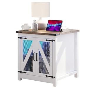 Farmhouse end table 24 large sofa side table with charging station mesh barn door and adjustable storage shelf rustic wood square nightstand for living room bedroom office white brown  urban country home decor