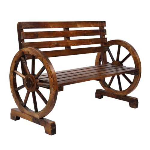 Image of VINGLI Rustic Wooden Wheel Bench Outdoor Bench, Patio Bench Wagon Slatted Seat, Garden Benches for Outdoors 350lbs High Capacity, Weather Resistance (Rustic, 41in)