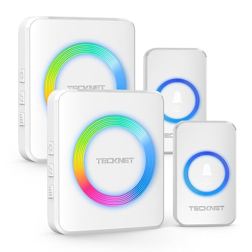 TECKNET Funkklingel Kabellose Türklingel Funk Set 400m Reichweite IP65 Aussen Wasserdicht Haustür Klingel mit 2 Plug-In-Empfänger und 2 Sender Ring doorbell und Klingelknopf Mit RGB-Blitz