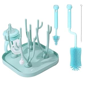 Kiuiom Babyflaschen Abtropfgestell mit Bürsten Set Türkis