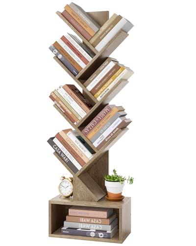 Image of Hoctieon 6 Tier Tree Bookshelf, Tall Bookcase with Drawer, Freestanding Book Shelf, Display Floor Standing Storage Shelf, Book Organizer Shelves for Home Office, Living Room, Bedroom, Greige