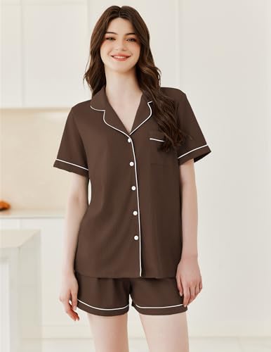 Image of Ekouaer Womens Waffle Knit Pajama Sets Soft Short Sleeve Button Down Sleepwear Cozy 2 Piece Pjs Shorts Set