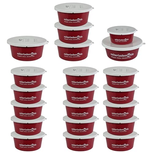 RL24 - Leckerlischale – Pferde Müslischale mit Deckel – Futterschale zur Aufbewahrung von Leckerli & Pferdefutter – Leckerli-Dose in Rubinrot – 5 Schalen á 2l (5er Set) – Pferdezubehör