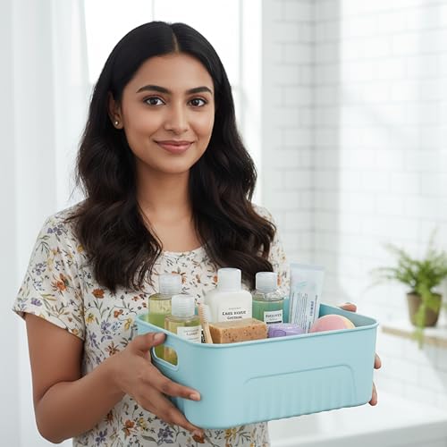 Image of Xmart India Plastic Storage Baskets with Lids - Multipurpose storage and organisers for Kitchen, Clothes,Toys, Office - Durable & Stackable storage box and organiser for Home & Kitchen(3 Pcs)