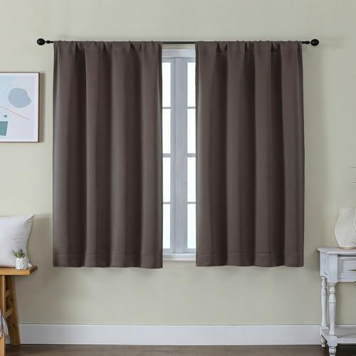 Image of Simplebrand Ava Chocolate Short Blackout Curtains for Bedroom 45 Inches Long 2 Panels Set, Solid Thermal Insulated, Energy Saving Window Treatment Curtains Blackout Drapes, W40 x L45 Inch, Chocolate