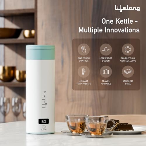 Image of Lifelong 2-in-1 Portable Electric Kettle & Bottle For Travel-400Ml |Digital Display |4 Temperature Settings with Touch |Fast Boil |Advanced Safety Features |300W Power |Make Tea /Coffee Without Milk