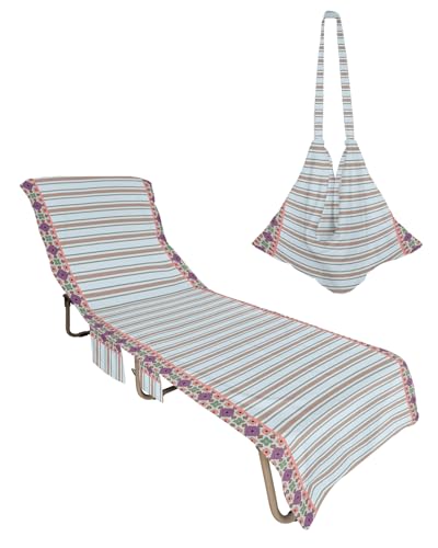 Gray Pink Striped Beach Lounge Chair Towel Cover, Soft Chaise Lounge Towel with Side Pockets Patio Pool Chairs Cover for Beach/Pool Sunbathing 29x85 Brown Yellow Teal Flowers Botanical