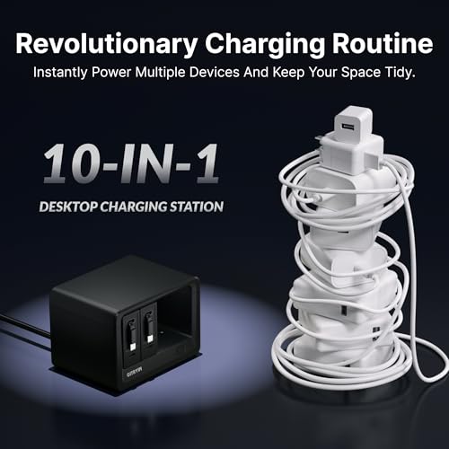 Image of Gitryin 10-in-1 Desktop Charging Station with 2 Retractable Type-C Wall Chargers, 40W USB-C Power Strip with Flat Plug, Extension Cord with 1020J Surge Protection for Home Office