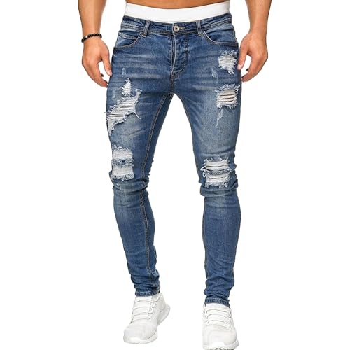 Jeans Skinny da Uomo, Slim Fit, Strappati, in Denim Blu