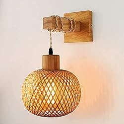 Lampara Bambu Calada Apliques de Pared dentro de la lámpara de bambú vintage, lámpara de pared retro E27 hecha de metal y madera, luz de pared industrial hecha de ratán tejido a mano para sala de estar de dormitorio