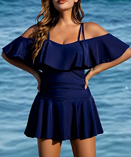 Image of COCOPEAR Women's One Piece Flounce Swimsuit Off Shoulder Bathing Suit Tummy Control Swimdress(FBA)