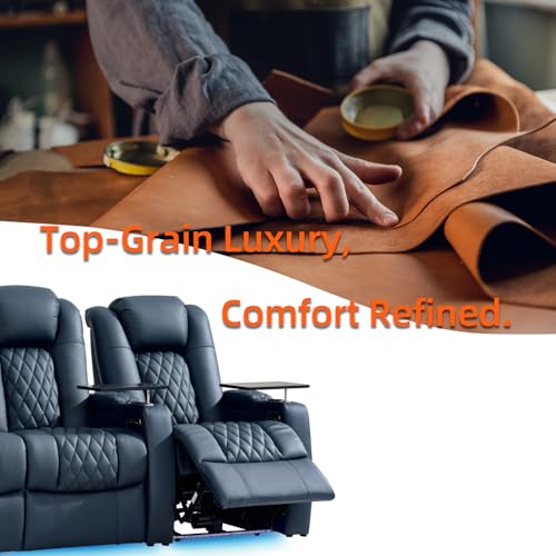 comfiroom Home Theater Seating Classic Series Top Grain Leather Loveseat Recliner Chair Dual Power Movie Theater Chairs Gaming Sofa Electric Headrest with Tray Table (Blue, Row of 2 Loveseat) - Image 5