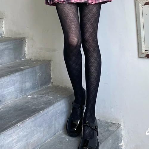 Women Thin Black Pantyhose Punk Check Sheer Tights3