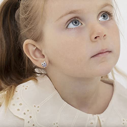 925 Sterling Silver Girls Purple Owl Themed Cubic Zirconia Earrings with Safety Screw Back, Best for Animal Lover Kids-Toddlers and Pre Teens. Go with any Outfits2