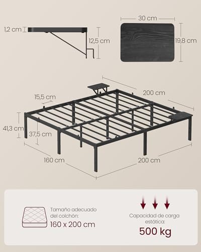 Miniatura 2 de Vasagle Marco De Cama Matrimonio, Estructura De Cama De Metal, Con Estantes De Almacenamiento, Invitados, Para Colchón De 160 X 200 Cm, Fácil Montaje, Negro Tinta Rmb095b01