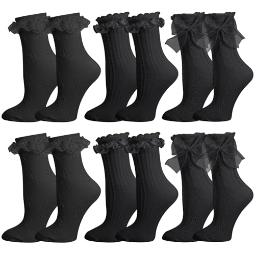 Jspupifip 6 Pairs Lace Ruffle Crew Socks for Women, Cotton Cute Princess Ankle Dress Lace Socks for Women Girls, Black