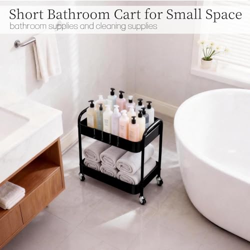 Image of 2 Tier Metal Rolling Utility Cart with Wheels Under Desk Storage Cart with Handle, Roll Around Organizer Trolley for Small Space Pantry Bathroom Home Kitchen Office Snack Baby Supplies, Black