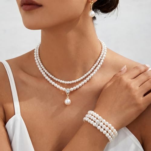 Image of Glenmal Pearl Rhinestone Jewelry Set for Women Pearl Necklace Bracelet Earrings for Wedding Halloween Bridal Shower Tea Party