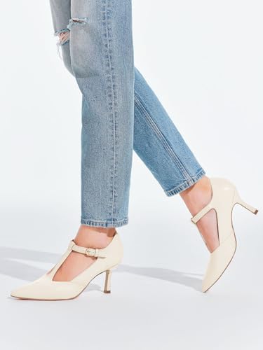 Coutgo Womens Mary Jane High Heels T Strap Closed Pointed Toe Pumps Buckle Work Office Dress Shoes3