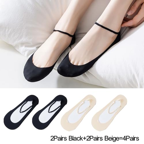 Image of 4 Pairs No Show Thin Socks with Sling Non-Slip Invisible Sock Ice Silk Ultra Low Cut Liner Socks for Girls Women (2 Pairs Black+2 pairs Beige)