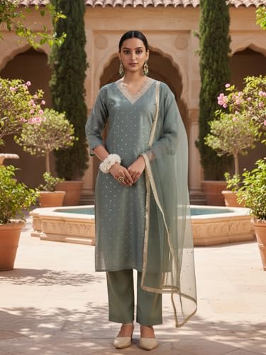 Image of Avanshee Women's Chanderi Cotton Silk with Zari Embroidery Kurta & Silk Crepe Pant Set And Net Dupatta Ethnic Wear Salwar Suit Set (ES 7539)
