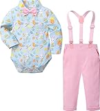 A&J DESIGN Baby Boy Suits Infant Easter Outfit Gentleman Suspenders Set Wedding Ring Bearer Formal Dress Blue Bunny and Pink Pant 6-9 Months