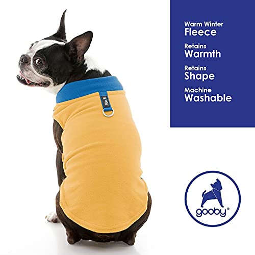 Image of Gooby Half Stretch Fleece Vest Dog Sweater, Honey Mustard, Large | Soft warm fleece; Stretch fleece bottom; Two-tone colors; Back D-ring for short walks