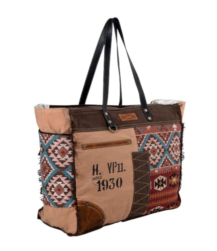 Myra Bag Western Leather Weekender Bag for Women, Upcycled Canvas Shoulder Bag - Southwest Bound2
