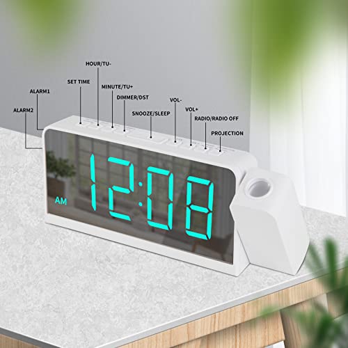 Shanlonyi Projection Alarm Clock With Am/Fm Radio, 180° Projector, 7" Mirror Led Display, Dst, Usb Charging Port, 3 Dimmer, Dual Alarm, Battery Backup - Clear Cyan Digit, Easy To Use #TOP3