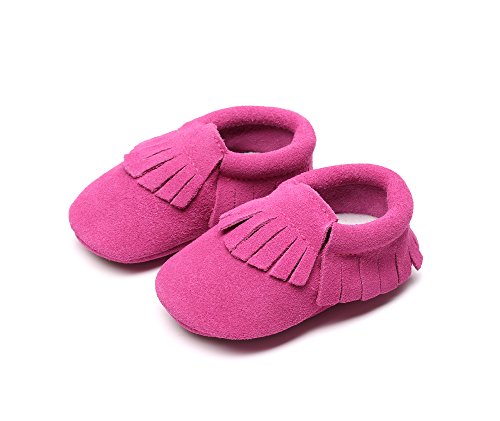 HONGTEYA Leather Baby Moccasins Hard Soled Tassel Crib Toddler Shoes For Boys and Girls (18-24 months/5.51inch, suede hot pink)