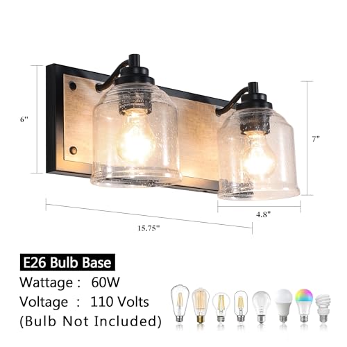 Image of 16 inch 2-Light Farmhouse Bathroom Vanity Light with Bubble Glass, Gray | Metal base with hand-painted wood-grain finish, 5.3 inch seeded glass, E26 Bulbs, mount up /down, for bathroom hallway