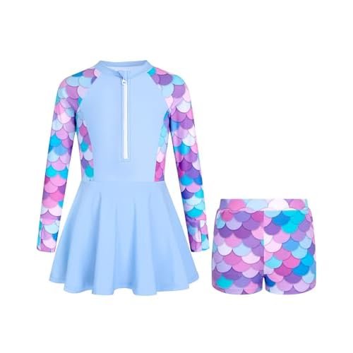 HOZIY Girls Long Sleeve Swimsuit Two Piece Rash Guard Dress with Swim Shorts Front Zip for Kids Tween Teens UPF 50+ 11-12 Years Blue Mermaid