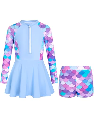 Image of HOZIY Girls Long Sleeve Swimsuit Two Piece Rash Guard Dress with Swim Shorts Front Zip for Kids Tween Teens UPF 50+