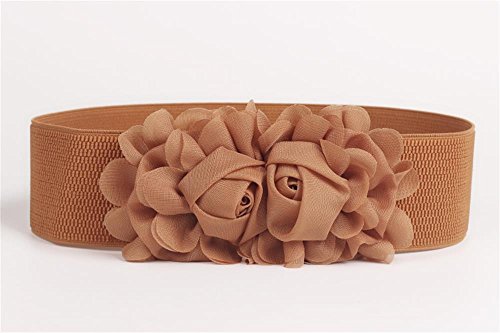 Women's Elastic Stretch Wide Rose Double-Flower Waist Belts for Dress (Brown) XX-Large4