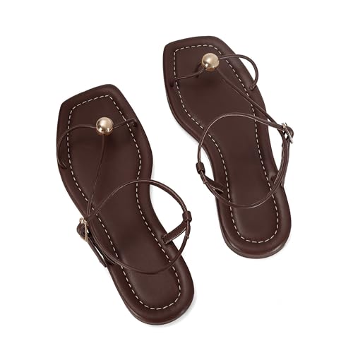 Image of Strappy Flat Sandals for Women Comfortable Open Square Toe Slingback Sandals Dressy Beach Thong Flip Flop Slides Sandals