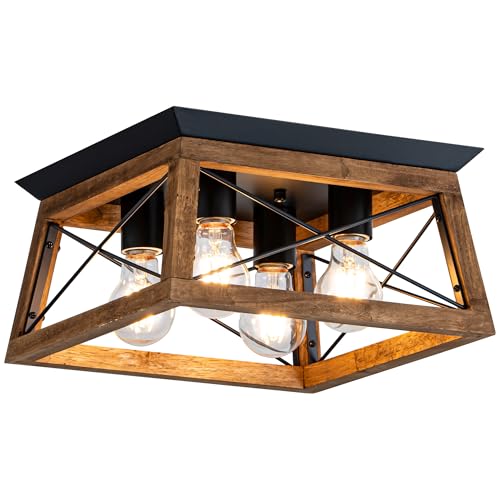 Farmhouse Light Fixture, 4-Light Rustic Ceiling Light, Trapeziform Wood Flush