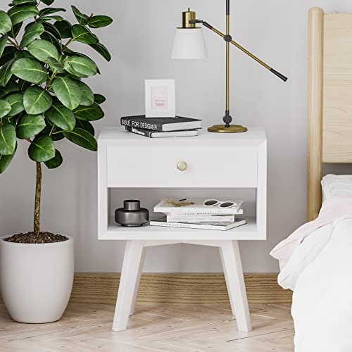 White Nightstand With 1 Drawer Mid Century Modern Nightstand Wood Bed Side Table For Bedroom 24 Inch Tall Bedside Table Night Stand With Drawers Farmhouse End Table Mesas De Noche Para Cuartos #TOP7