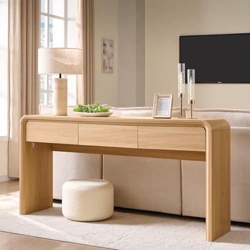 Aitjunz 63'' Console Table with 3 Drawers, Modern Entryway Table with Curved Profile Design, Narrow Long Wood Sofa Table Behind Couch Table for Living Room, Hallway, Foyer, Natural - Image 4