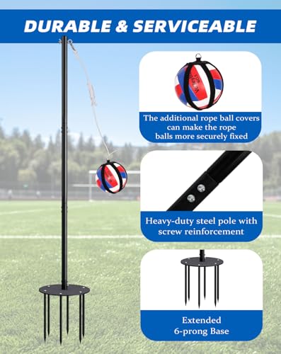 Arejonner Tetherball Set with Heavy-Duty Adjustable Pole (Up to 8ft), Soft-Touch Ball & 5-Prong Base - Professional Outdoor Game for Backyard, Lawn, Beach - Includes Ball, Rope, Pole & Base for Kids